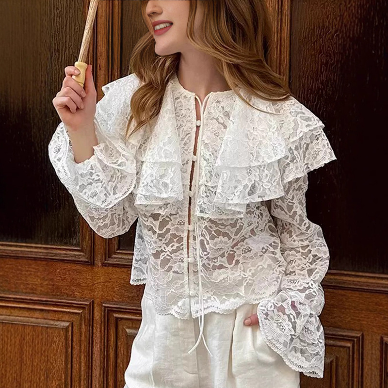 Autumn and Winter New Lace See-Through Double-Layer Ruffle Collar Shirt with a Stylish and Elegant Design, 2025 European and American Cross-Border Commuting Fashion Autumn and Winter New Lace See-Through Double-Layer Ruffle Collar Shirt with a Stylish and Elegant Design, 2025 European and American Cross-Border Commuting Fashion