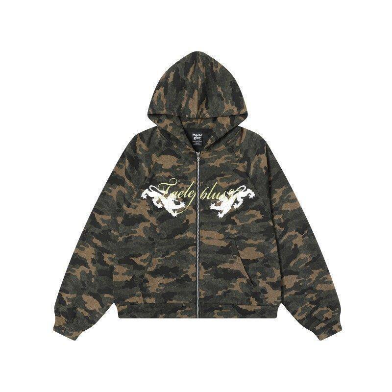 Spring 2025 New Style Puppi Handsome Hip-Hop Design Jacket Men's American Style Retro Camouflage Antique Cardigan Hooded Sweater