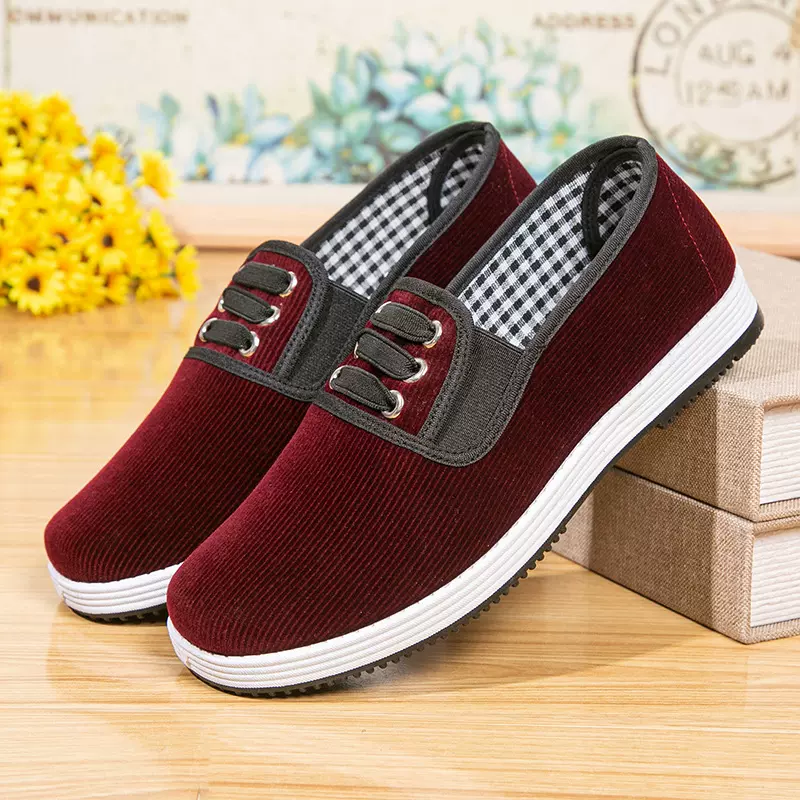 棉鞋红色灯芯绒老北京布鞋冬季加绒中老年女棉鞋软底妈妈鞋女鞋