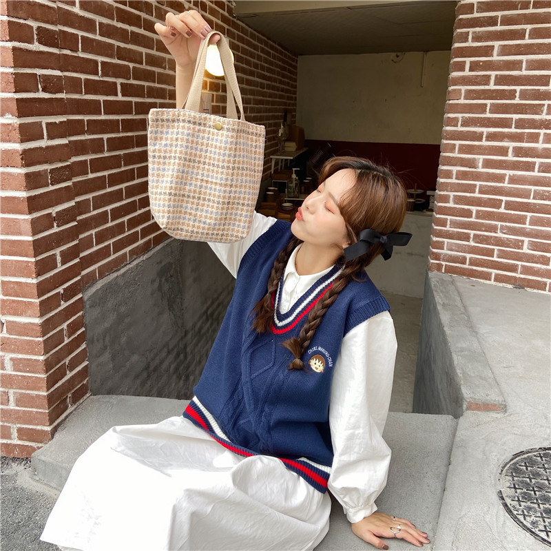 08181 Japanese-style woolen checkered bento bag, ins Korean-style handbag, fresh women's walking lunch box, small handbag wholesale undefined