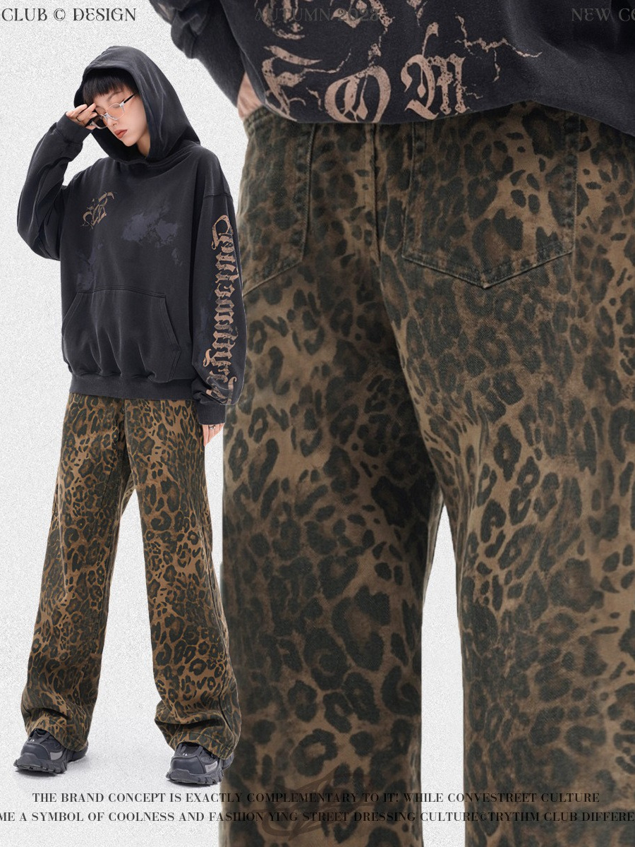 Pantalones Vaqueros de Trabajo Rectos para Hombre de Algodón con Estampado de Leopardo para Uso Casual