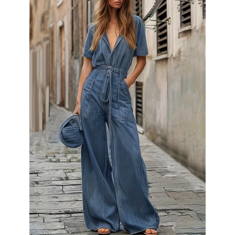 I 66696 Design Long Sleeve V Neck Denim Jumpsuit Vintage Denim Jumpsuit I 66696 Design Long Sleeve V Neck Denim Jumpsuit Vintage Denim Jumpsuit