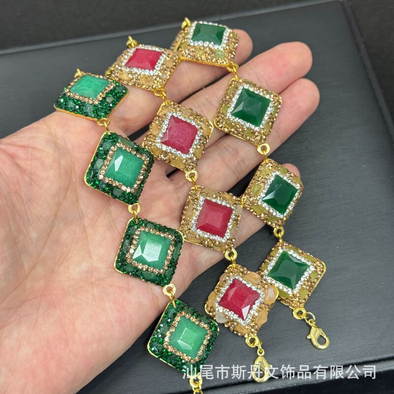 New Natural Jade Diamond-Shaped Bracelet with Inlaid Raw Stones, High-End Versatile Jewelry, European and American Overseas Cross-Border Personalized Supply