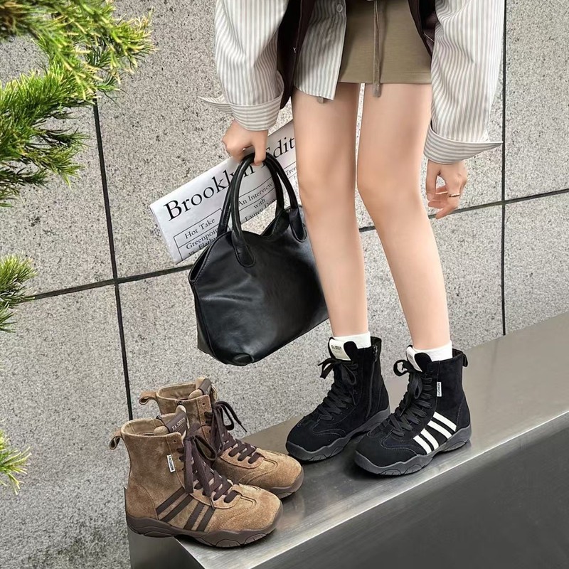 真皮马丁靴女高帮鞋2025秋季新款运动休闲工装德训鞋厚底拳击短靴|undefined
