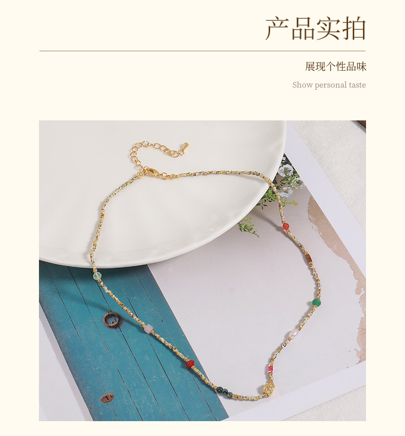 Linglang Chic Colorful Beaded Necklace Retro Pearl Necklace Choker Handmade Natural Stone Jewelry