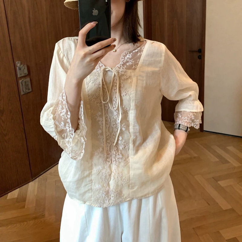 Lace V-Neck French-Style Blouse for Women, 2026 Summer Lace Ramie Top with Unique Design and Elegant Charm, Stunning Shirt