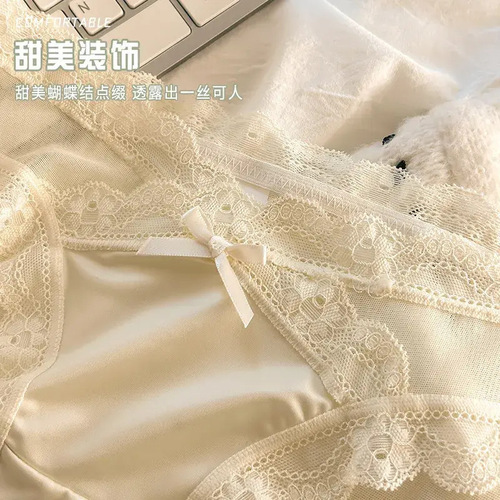 Sexy French Silk Satin Ice Silk Panties Women's Sexy Mid Waist Panty Netting Lace Pure Desire Temptation Girl Triangle Panties 