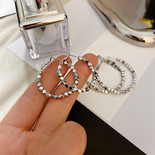 Stylish mosaic plain hoop earrings with geometric rhombus silver beads, versatile temperament metal style minimalist large hoop earrings, personalized