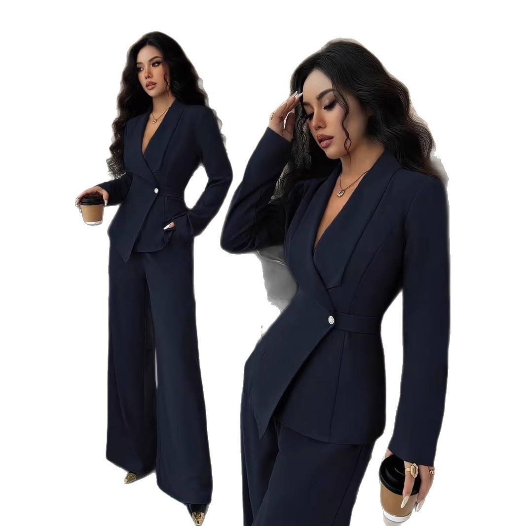 European American Women's Fashion Spring Autumn Casual Suit, Ladies' Solid Color V-neck Long Blazer And Wide-leg Pants_ecoleips.com