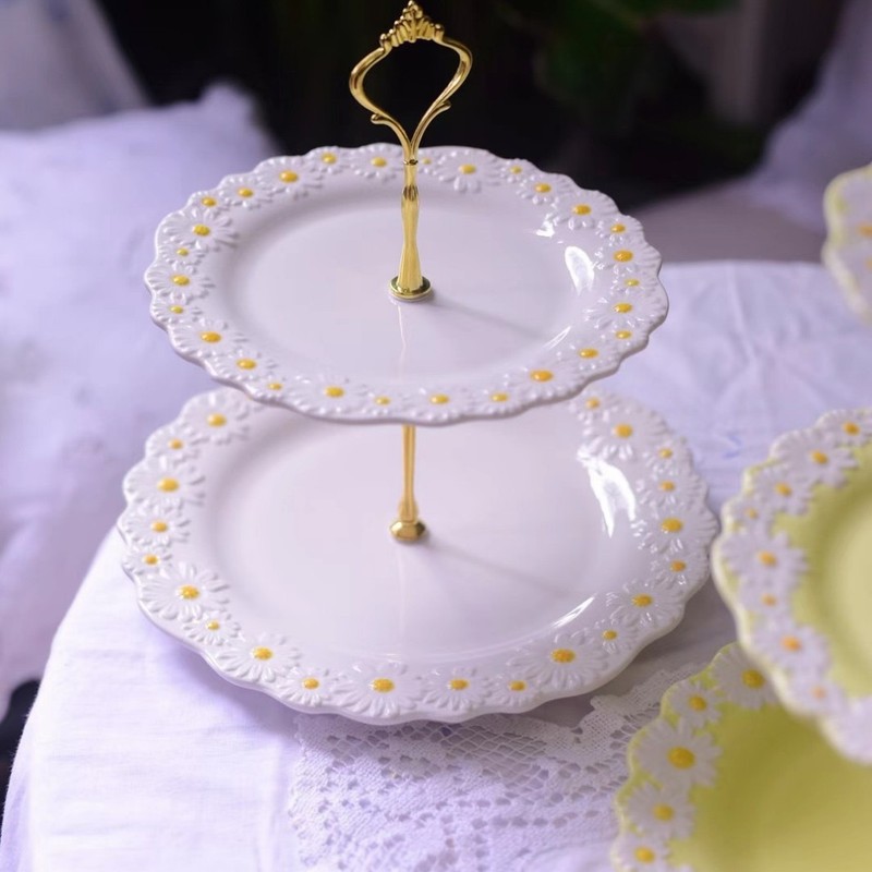 日本式の浮き彫りの皿の小さいデイジーの陶磁器の釉薬の下で色彩の洋食の食器のステーキの皿の果物の小さいケーキのトレーの卸売り|undefined