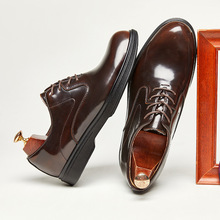 英伦风2025新款真皮亮面商务休闲皮鞋男士正装漆皮圆头牛津鞋系带
