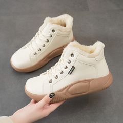 2023 Fall/Winter Women's Soft-Soled High-Top Shoes: Fleece-Lined, Warm Leather Sneakers in Korean Style—Instagram-Worthy, Fashionable Casual Footwear