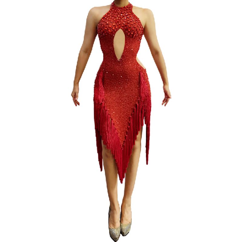 Lucky Red tassel diamond hollow women's evening dress sexy tassel dress ball Party party party light luxury