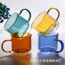 批发双层玻璃杯喝水杯子透明马克杯带把茶杯咖啡杯家用茶缸