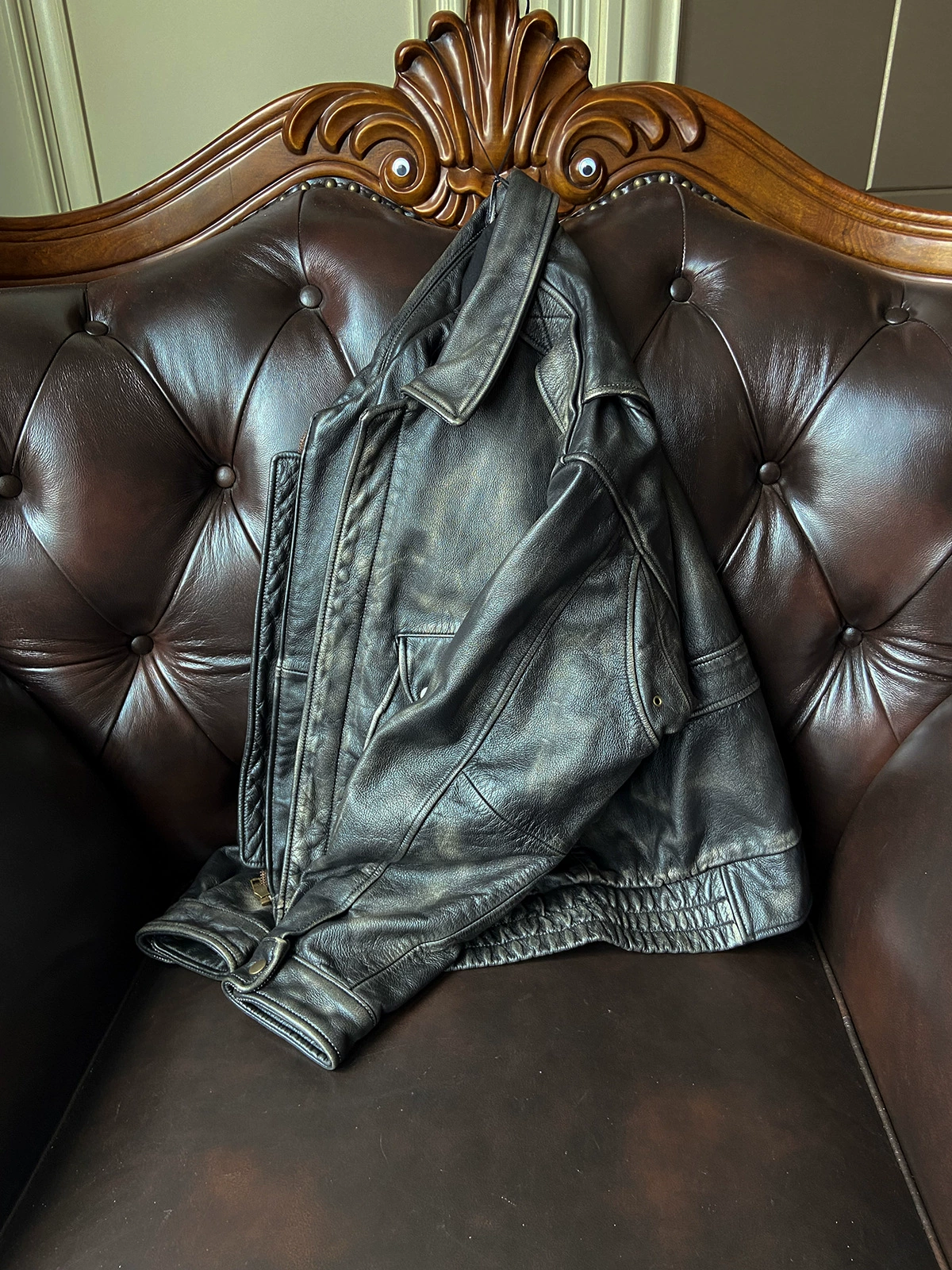 Retro leather jacket for leisure, oversize, genuine leather, cowhide