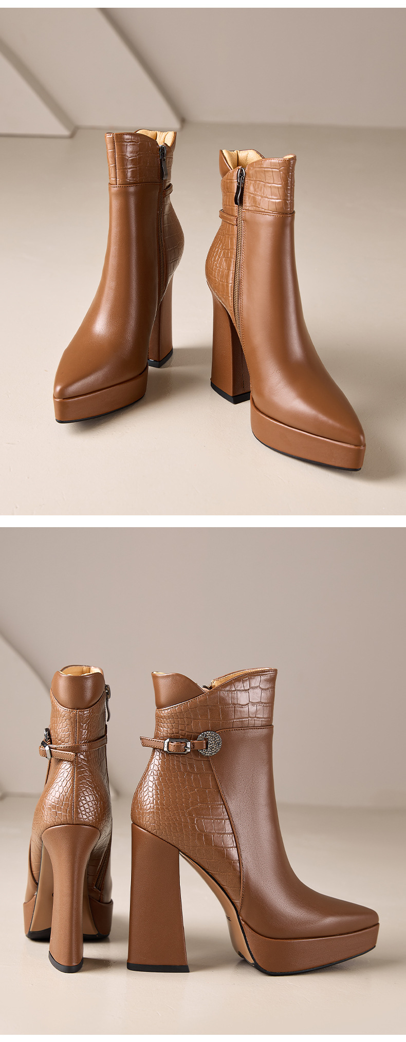 Boot nữ cổ thấp mũi nhọn da bò cao cấp gót siêu cao đế dày mùa thu đông — nâu, màu đen chi tiết 13