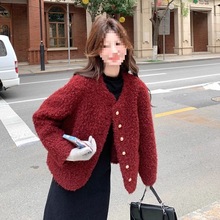 红色高级感小香风羊羔毛外套女2024秋冬新款韩系皮毛一体毛绒上衣