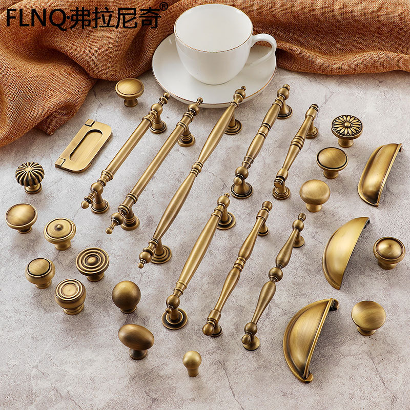 黃古銅拉手法式櫃門純銅拉手美式簡約復古衣櫃櫥櫃門抽屜全銅拉手