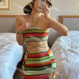 3色】韩版新款甜辣妹针织撞色挂脖分体泳衣三件套海边度假bikini