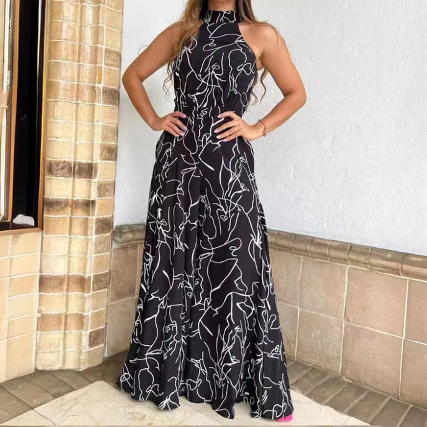 2022 verano europeo y americano ropa de mujer Amazon elegante cintura con cordones sin mangas Halter pantalones impreso mono