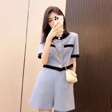 小个子穿搭一整套感小洋装法式小香风上衣短裤两件套装女夏季涤纶