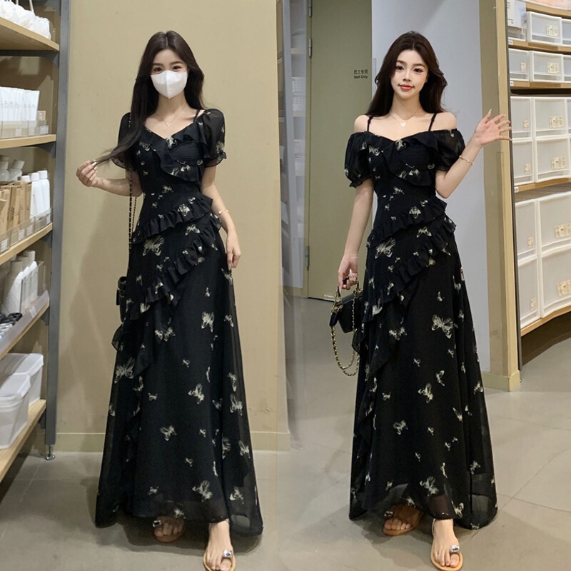 Plus-Size Women's Clothing 2026 Summer V-Neck Irregular Print Dress, Off-Shoulder Two-Way Wear Butterfly Floral Slimming Long Dress Plus-Size Women's Clothing 2026 Summer V-Neck Irregular Print Dress, Off-Shoulder Two-Way Wear Butterfly Floral Slimming Long Dress