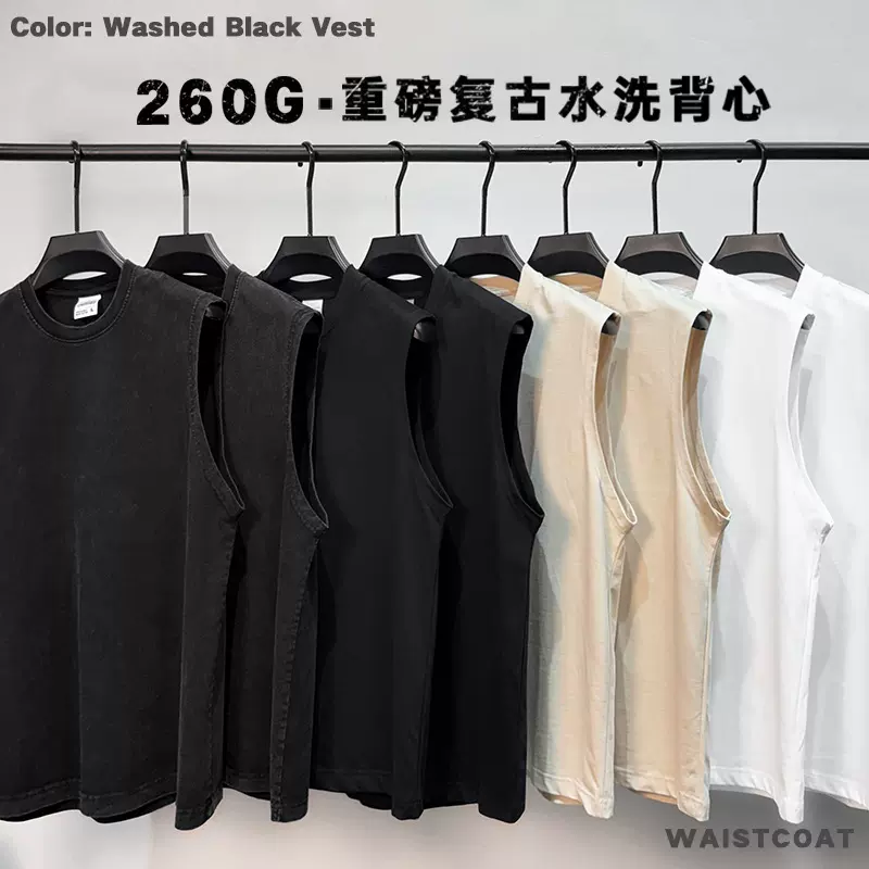 跨境美式复古潮牌男装260g纯棉水洗无袖背心男高街oversize打底衫