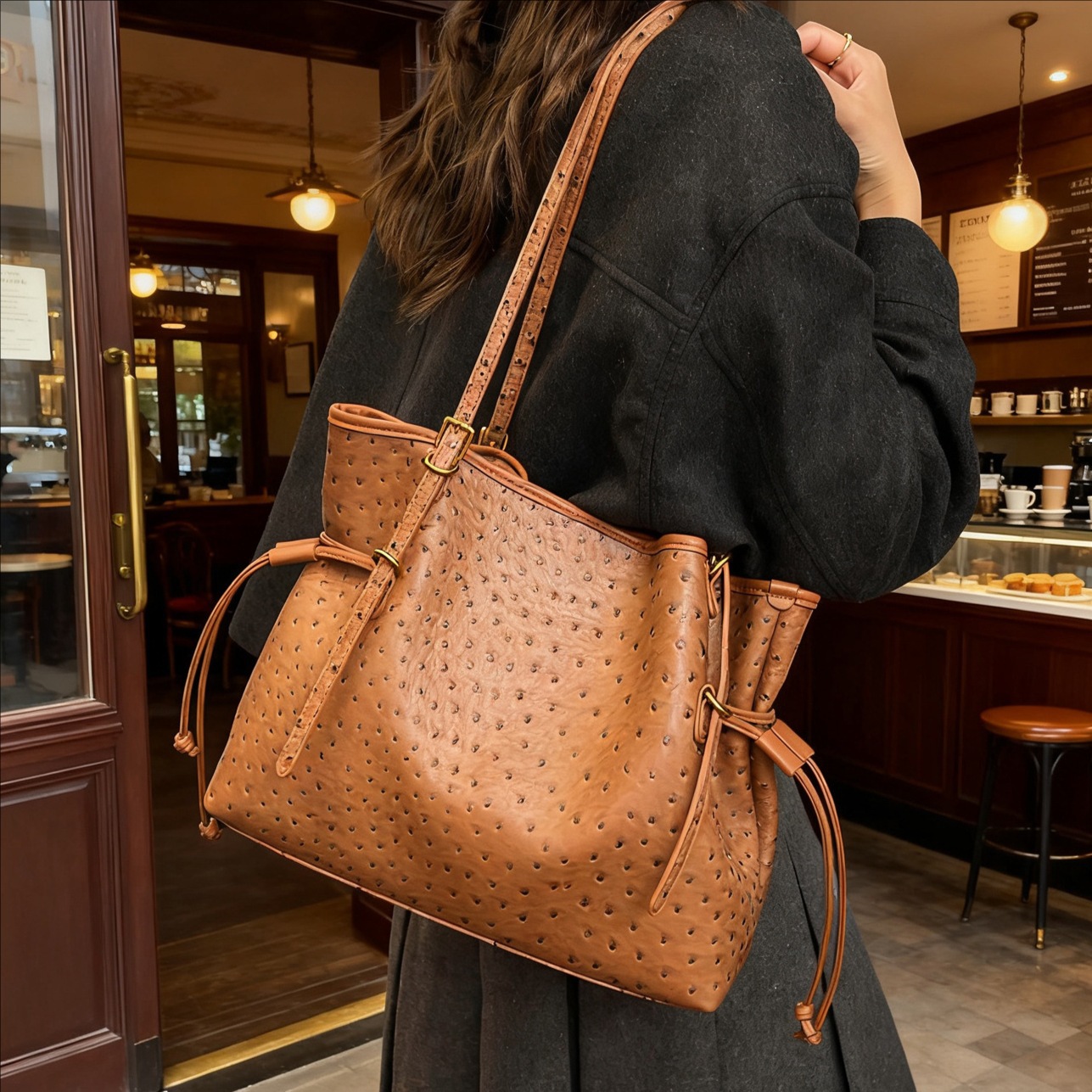 Bolsa de hombro retro europea y americana transfronteriza bolso de mano clásico de avestruz de gran capacidad de transporte de viajes bolso especial