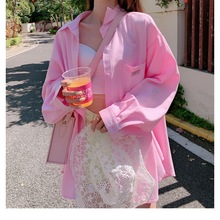 防晒衣衬衫女夏季新款宽松纯棉休闲长袖粉色夏天吊带外搭开衫衬衣