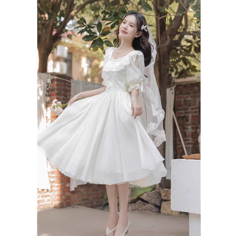 Tea Break French Gentle Style Lace Stitching Lamb Leg Sleeve dress Women's Summer Engagement License Light Wedding Princess at large