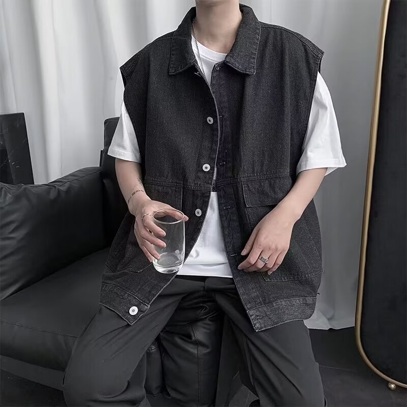 Denim Jacket Coat Men's Loose Sleeveless Vest Hong Kong-style Trendy All-match Workwear Waistcoat Summer Vest