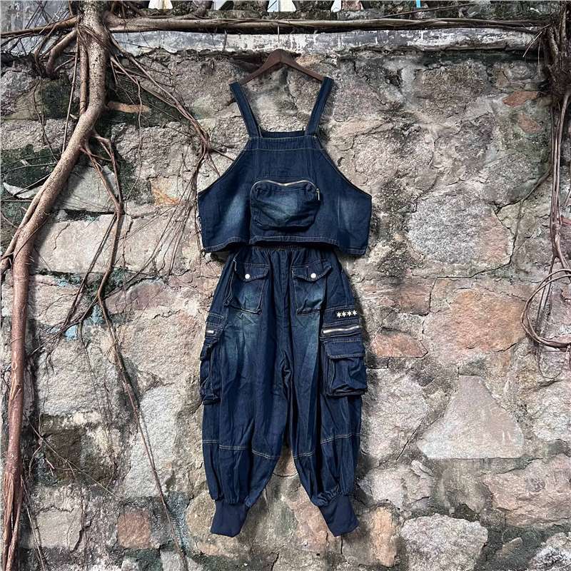 Marca de moda tailandesa 2026 primavera y otoño nueva moda personalidad chaleco sin mangas multi-bolsillo jeans conjunto suelto