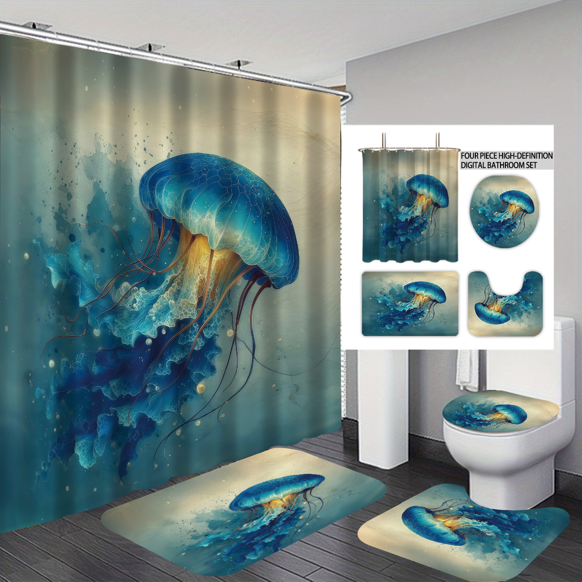 Temu cortina de baño impermeable personalizada serie de elementos marinos 3D impresión poliéster cortina de baño de cuatro piezas fábrica image 23