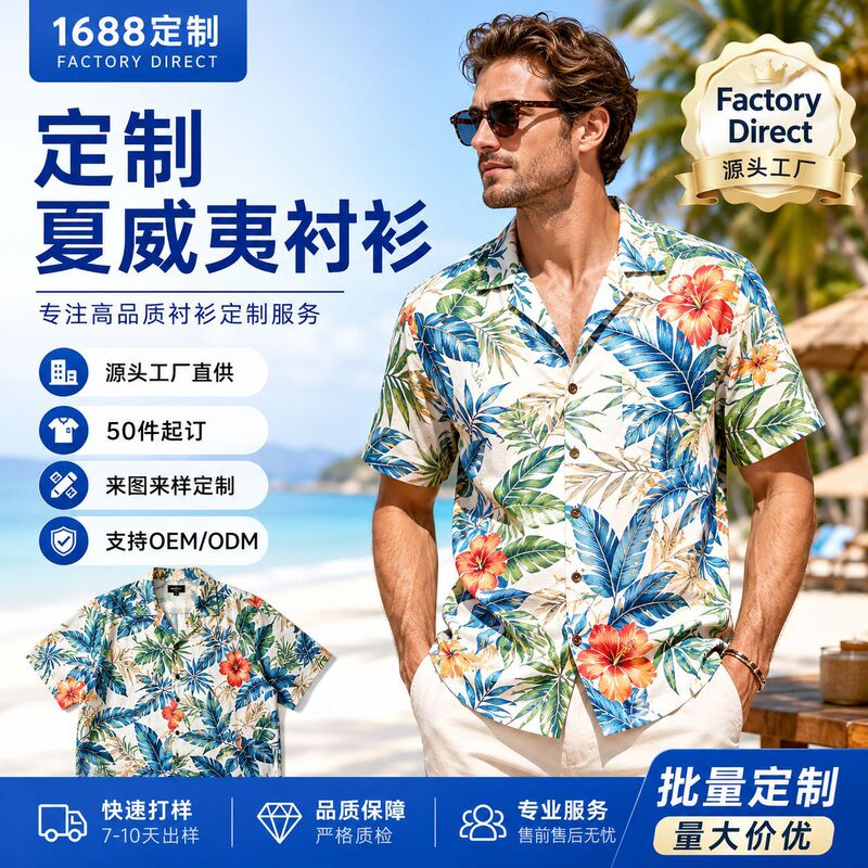 Cross-Border Thin Half-Sleeve Printed Men's Cuban Collar Breathable Hawaiian Shirt Beach Casual Loose Five-Quarter Sleeve Shirt