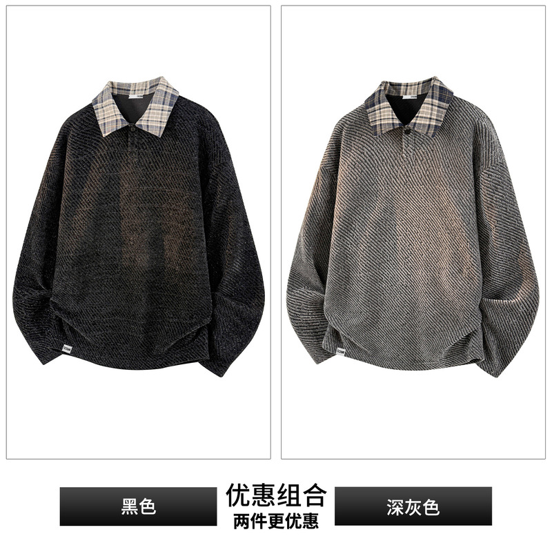 NASA老钱风潮流POLO衫黑色卫衣男士秋季新款宽松休闲针织衫上衣服|undefined