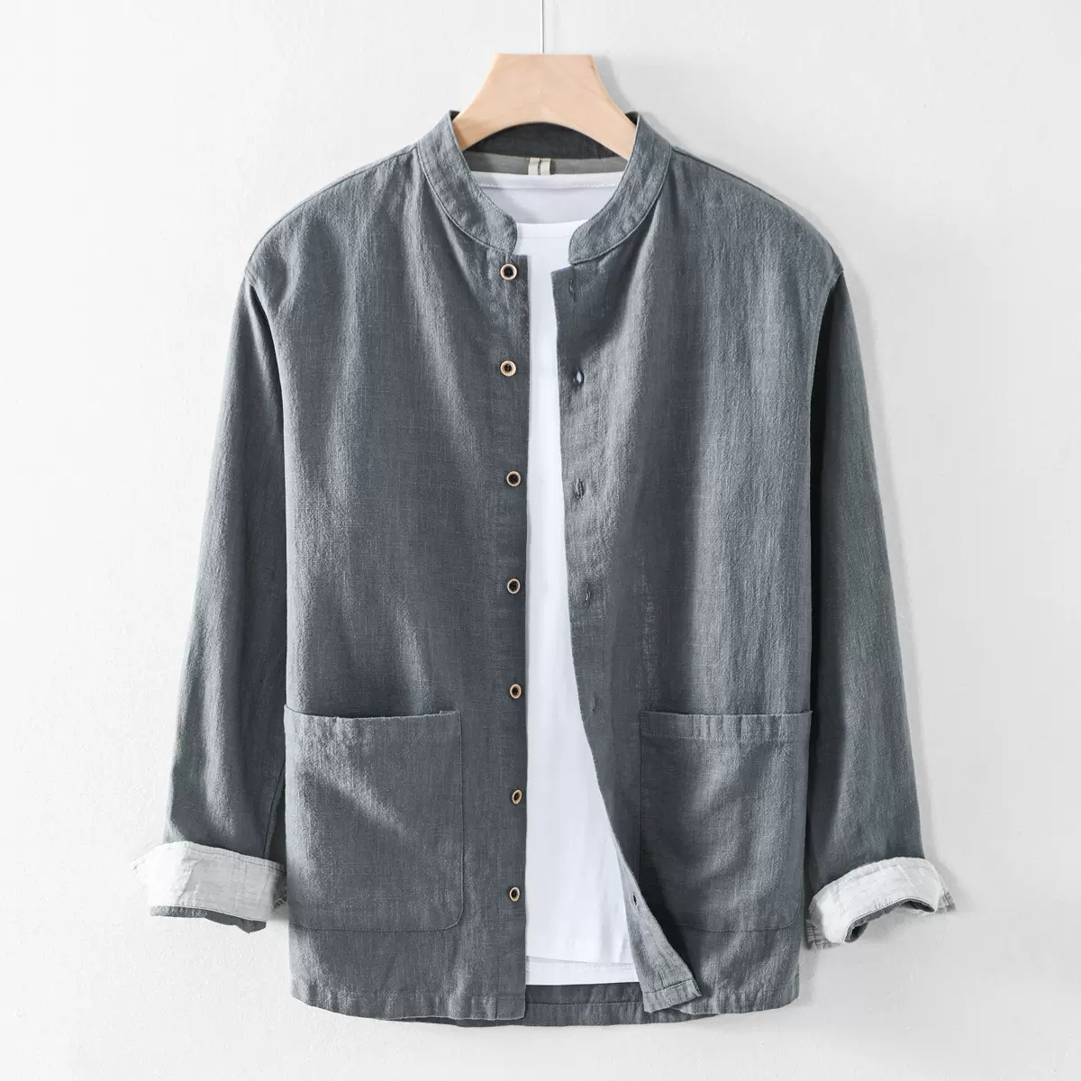 2024秋季新款男士休闲亚麻衬衫薄款透气中国风棉麻立领衬衣-春兴