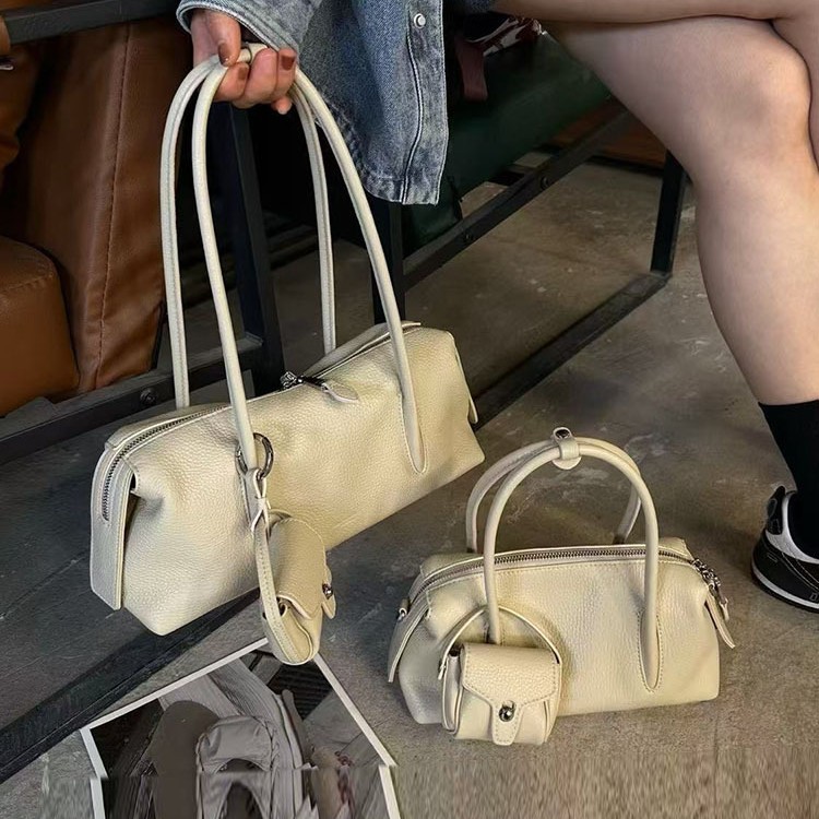 Genuine Leather Lychee Grain Boston Pillow Bag For Women New Trendy Shoulder Crossbody Bag Simple Handheld Bowling Bag - Thumbnail 3