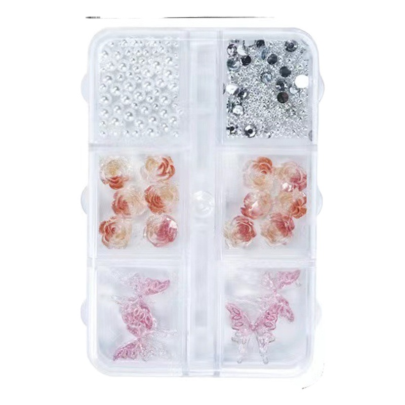 Transfronteriza nueva manicura tridimensional Camelia joyería líquido gradiente mariposa pequeña bola de acero perla mixta accesorios de uñas