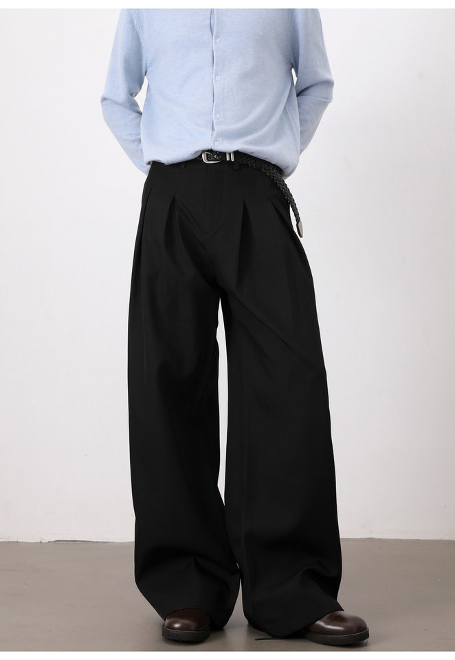 Quần tây nam casual dáng rộng ống suông xếp ly đôi chữ A vải rủ — Màu xám nhạt, màu đen chi tiết 11