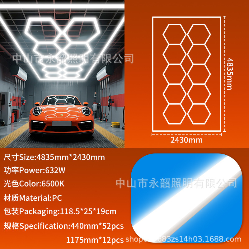 LED自動車修理専用六角ステーションランプ防水ハニカムステッチランプ2025車庫洗車室ハイライト照明|undefined