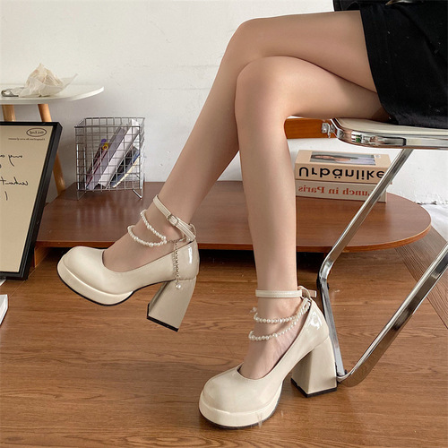 Jinmi high-heeled wedding shoes white elegant French thick heel Mary Jane high-heeled shoes for women small thick-soled single shoes for women