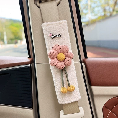 Design for Women, Made of Lamb: Seat belt shoulder pad - pink-waffle-sunflower-white-lambswool-shoulder-pad-24cm-single