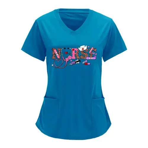 2025 Women's V-Neck Short Sleeve 3D Digital Print Solid Color High-End Simple Regular Shoulder Versatile Double Pocket T-Shirt Nursing Uniform