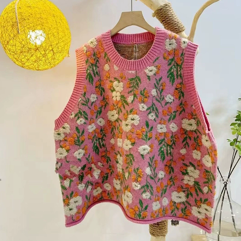 Вязаный осенний свежий жилет без рукавов, oversize, корейский стиль, с цветочным принтом