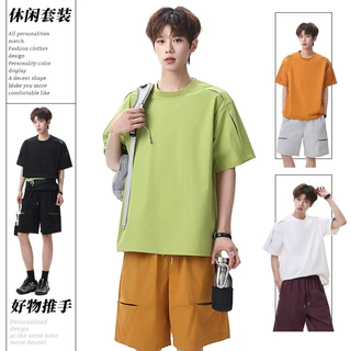 冰丝套装男夏季解构撞色设计感短袖T恤潮牌宽松百搭情侣运动体恤