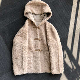 秋冬新100羊毛皮草外套连帽羊羔毛植绒复合皮毛一体大衣真皮包扣