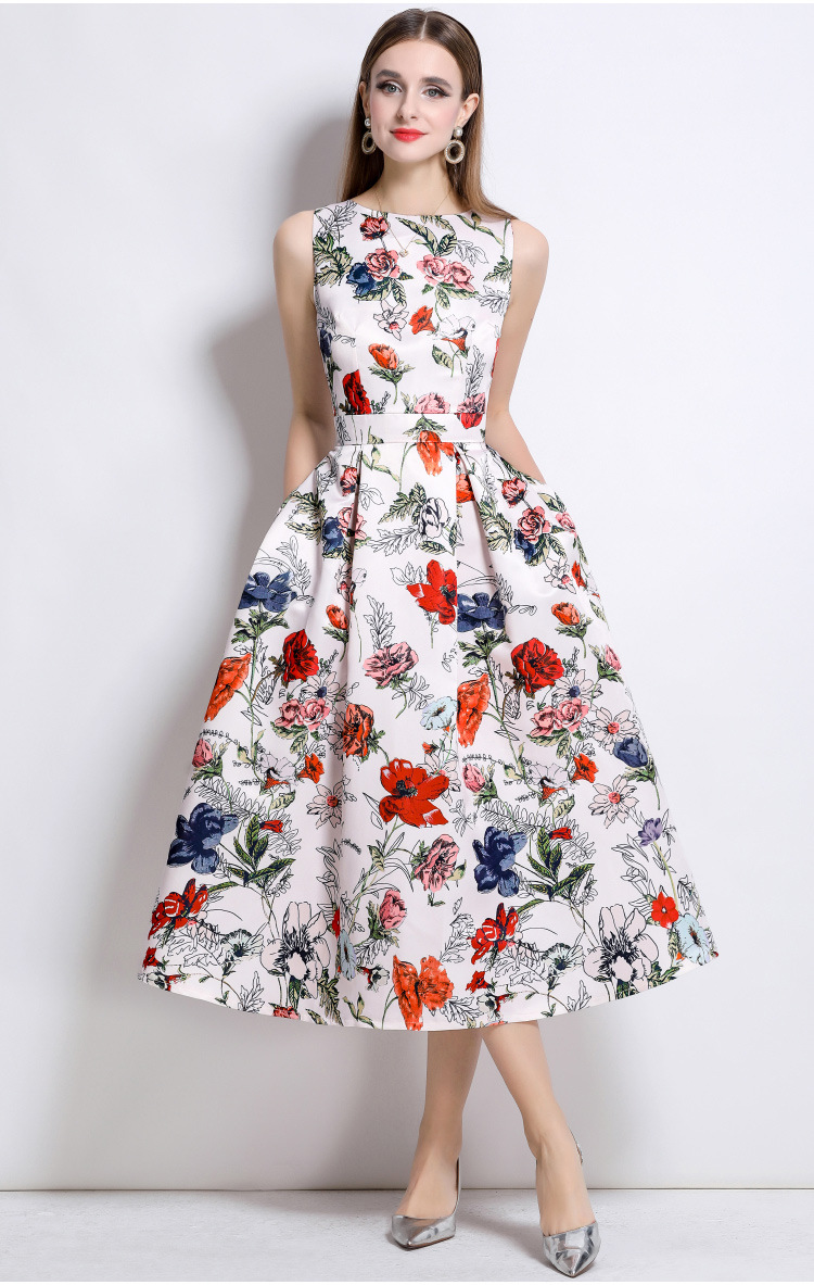 Váy liền không tay dáng dài xòe rộng, chít eo in hoa cao cấp mùa hè — Màu hoa chi tiết 8