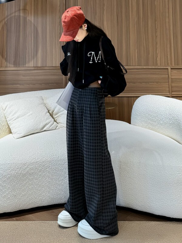 慵懒复古格子阔腿裤女春秋季新款高腰显瘦百搭直筒宽松垂感休闲裤|undefined