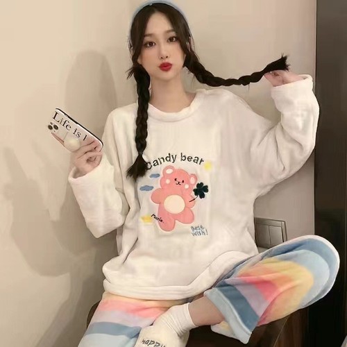 New cartoon sweet women's autumn winter coral velvet loose plus-size foreign trade cross-border set one-piece drop shipping