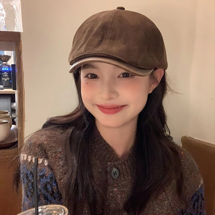 英伦复古灯芯绒前进帽子纯色百搭日系显脸小反戴报童鸭舌帽女|undefined